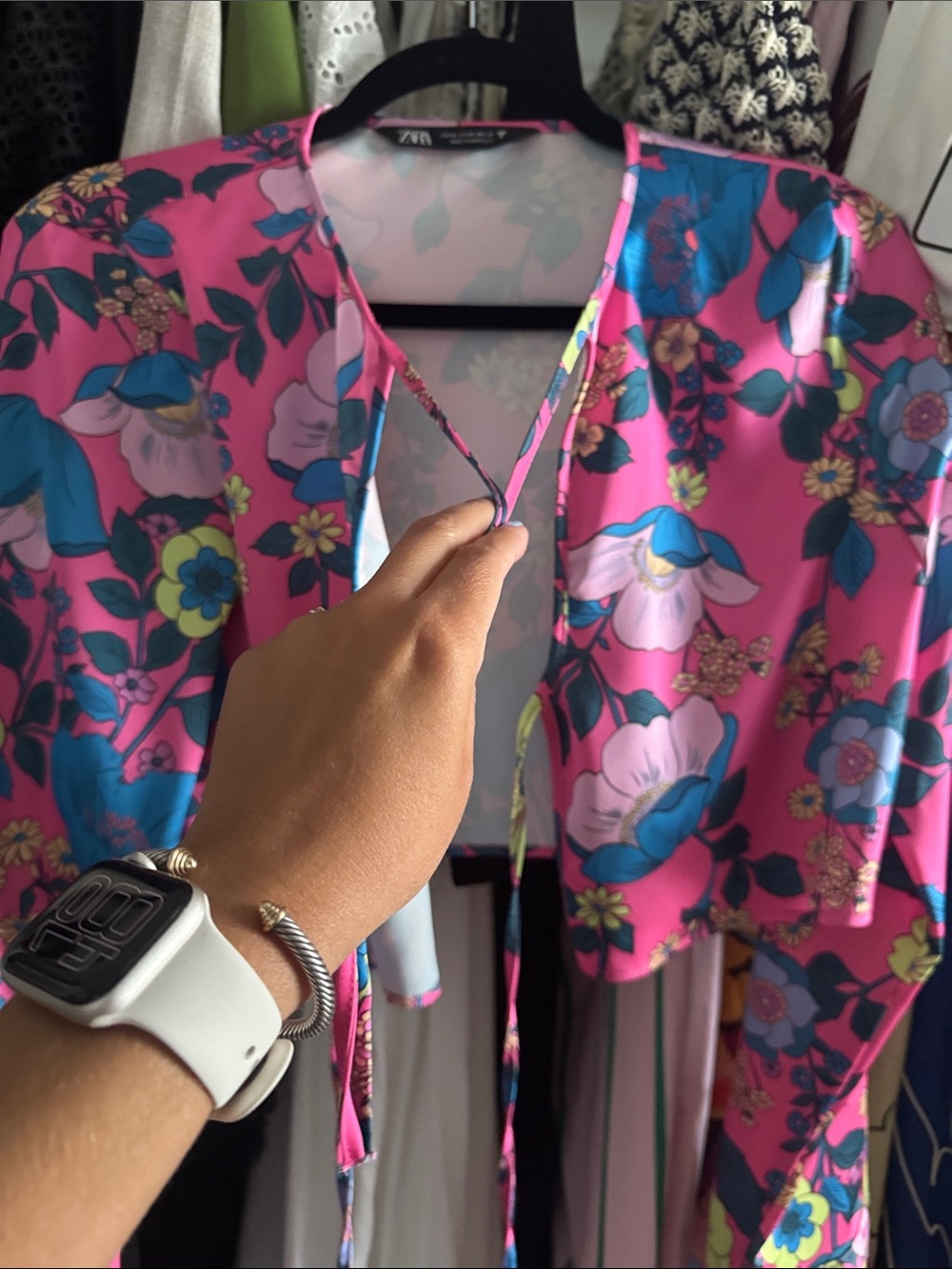 ZARA Pink Floral Tie-Front Crop Top with Blue Accents